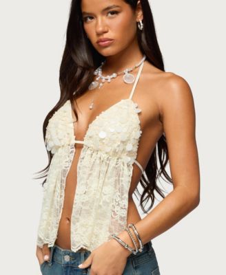 Women's Sequin Lace Split Front Backless Top