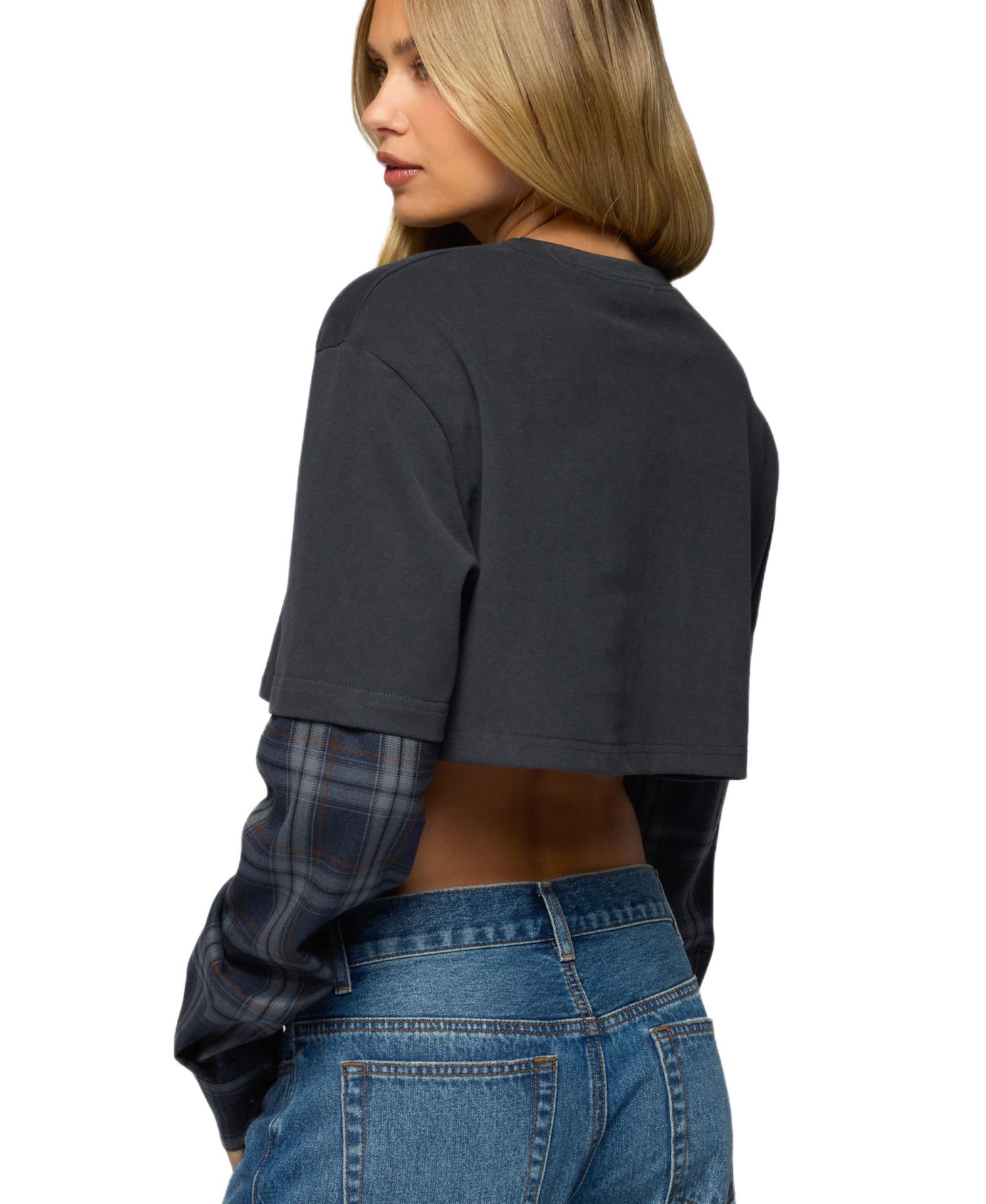 Women's Plaid Sleeves Layered Crop Top
