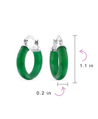 Classic Green Jade Round Tube Hoop Earrings .925 Sterling Silver .75 Inch Diameter