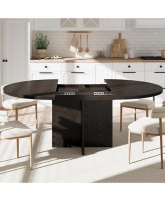 43.3"–59" Extendable Round to Oval Hidden Storage Dining Table – Modern Cross Base Design