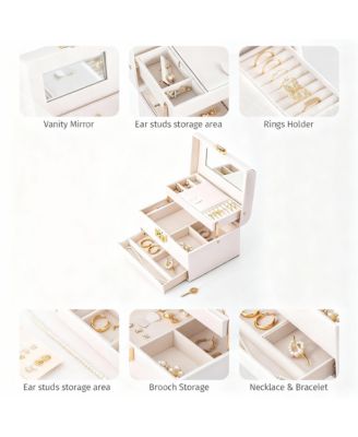 Leather Jewelry Organizer with 3 Drawers, Mirror, and Lock