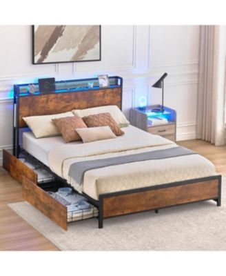 Full Size Metal Bed Frame with Charging Station, LED Lights, Storage Headboard & 4 Drawers, No Box Spring Needed