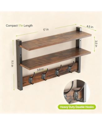 Two-Tier Wall Rack, 17" Shelf, 4 Hooks, Heavy Duty