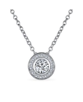Classic Art Deco Style CZ Halo Circle Circlet Rosette Solitaire Pendant Cubic Zirconia Sterling Silver