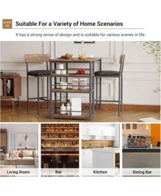 3Pcs Dining Table Set for 2, Kitchen Table and Chairs for 2 with 3 Storage Shelves, Pu Cushion Chairs & Thick Wood Top, 3Pcs Dining Table Set