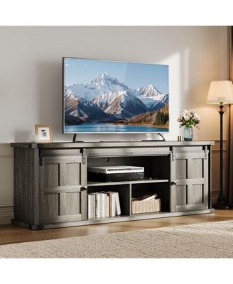 Farmhouse TV Stand for 75 Inch TV, Entertainment Center with Storage Cabinets and Sliding Barn Doors