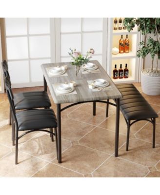 4Pcs Dining Set for 4 with Table, 2 Chairs & Upholstered Bench, Rectangular Wood Kitchen Table for Small Spaces