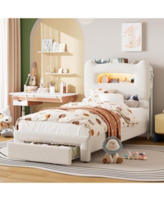 LED Full Bed Frame with 2-Tier Storage Headboard, Upholstered Platform Bed with Charging Station and Drawer, No Box Spring Needed