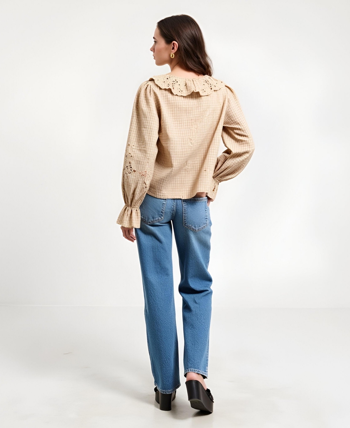 Modenaire Women's Florence Embroidered Ruffle Collar Puff Sleeve Blouse