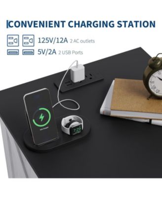 Wood Nightstand with Charging Station & 2 Drawers,Bedside Table