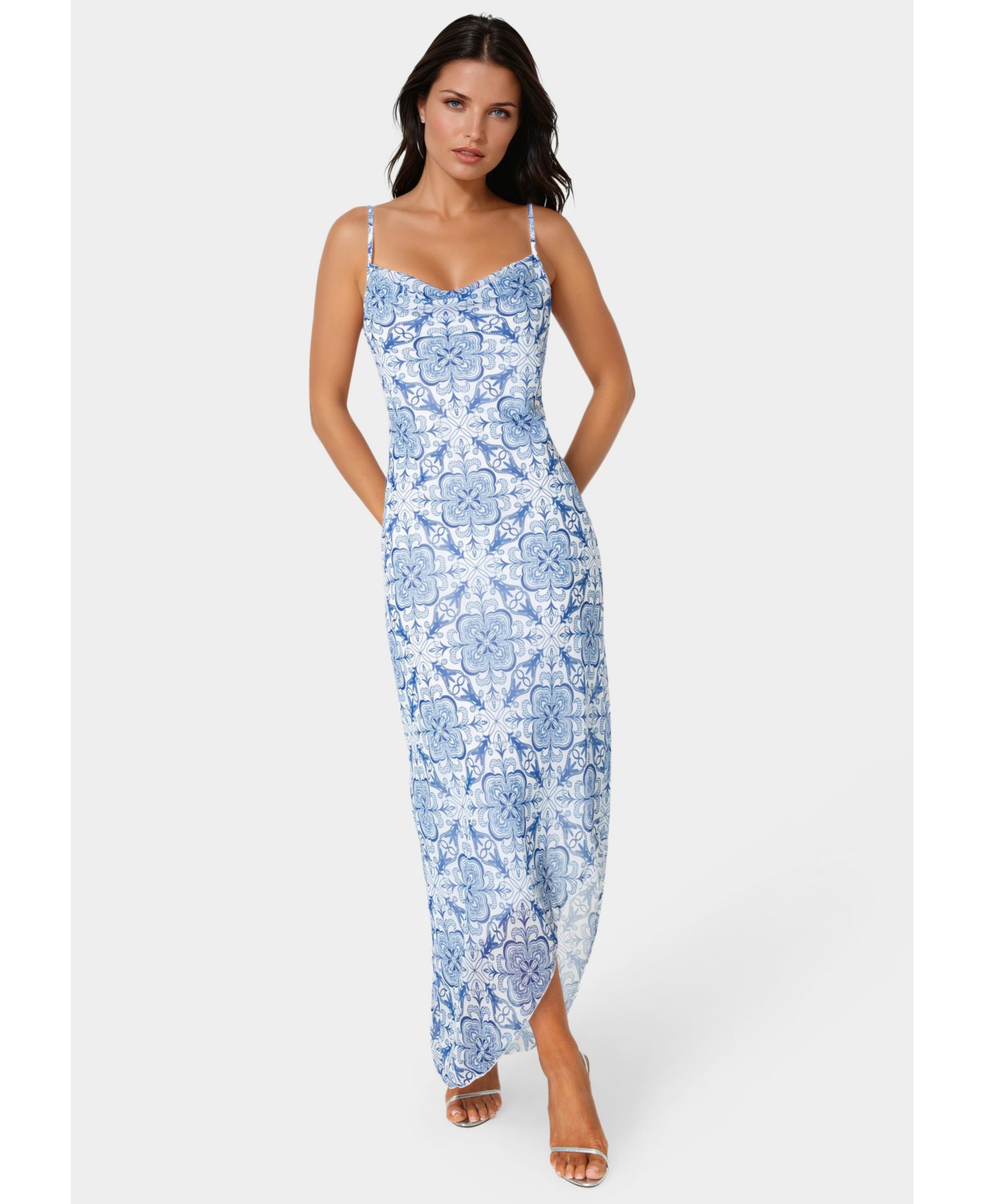 Women's Printed Chiffon Cowl Assy Maxi Dress