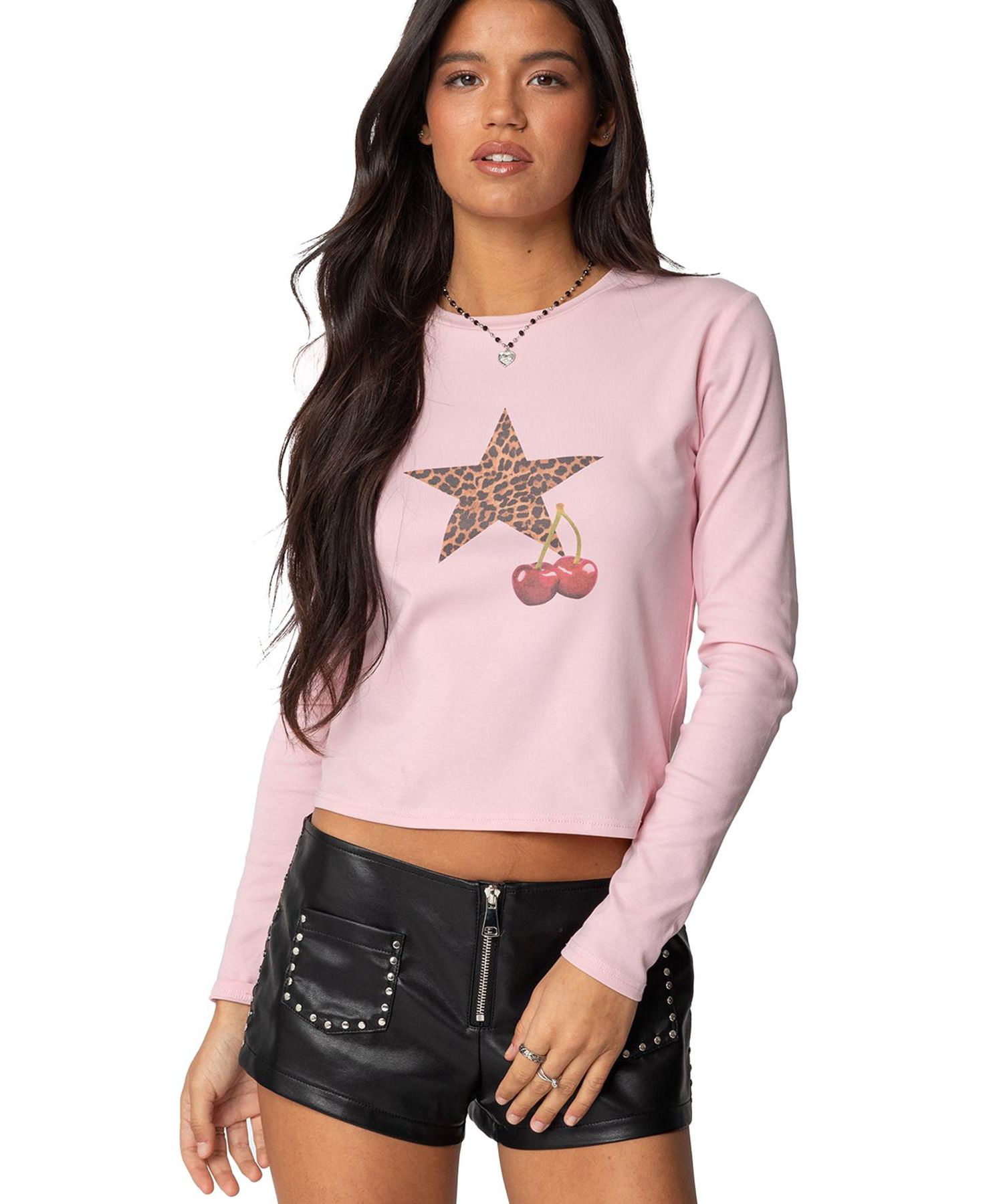 Women's Cherry Leopard Star Long Sleeve T Shirt