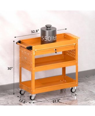 3 Tier Rolling Tool Cart with Drawer & Pegboard, 550 lbs Capacity, Easy Assembly