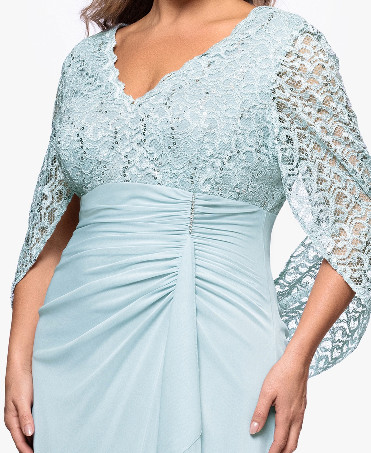 Betsy & Adam Plus Lace-Cape-Sleeve Embellished Gown