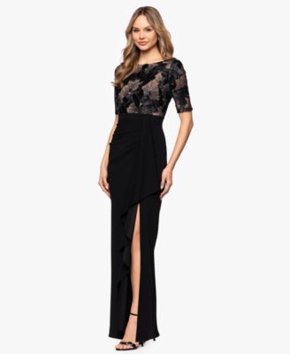 Petite Mixed Media Ruffle Ball Gown Dress