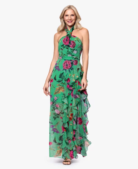 Petite Halter Neck Ball Gown Dress - Green Multi