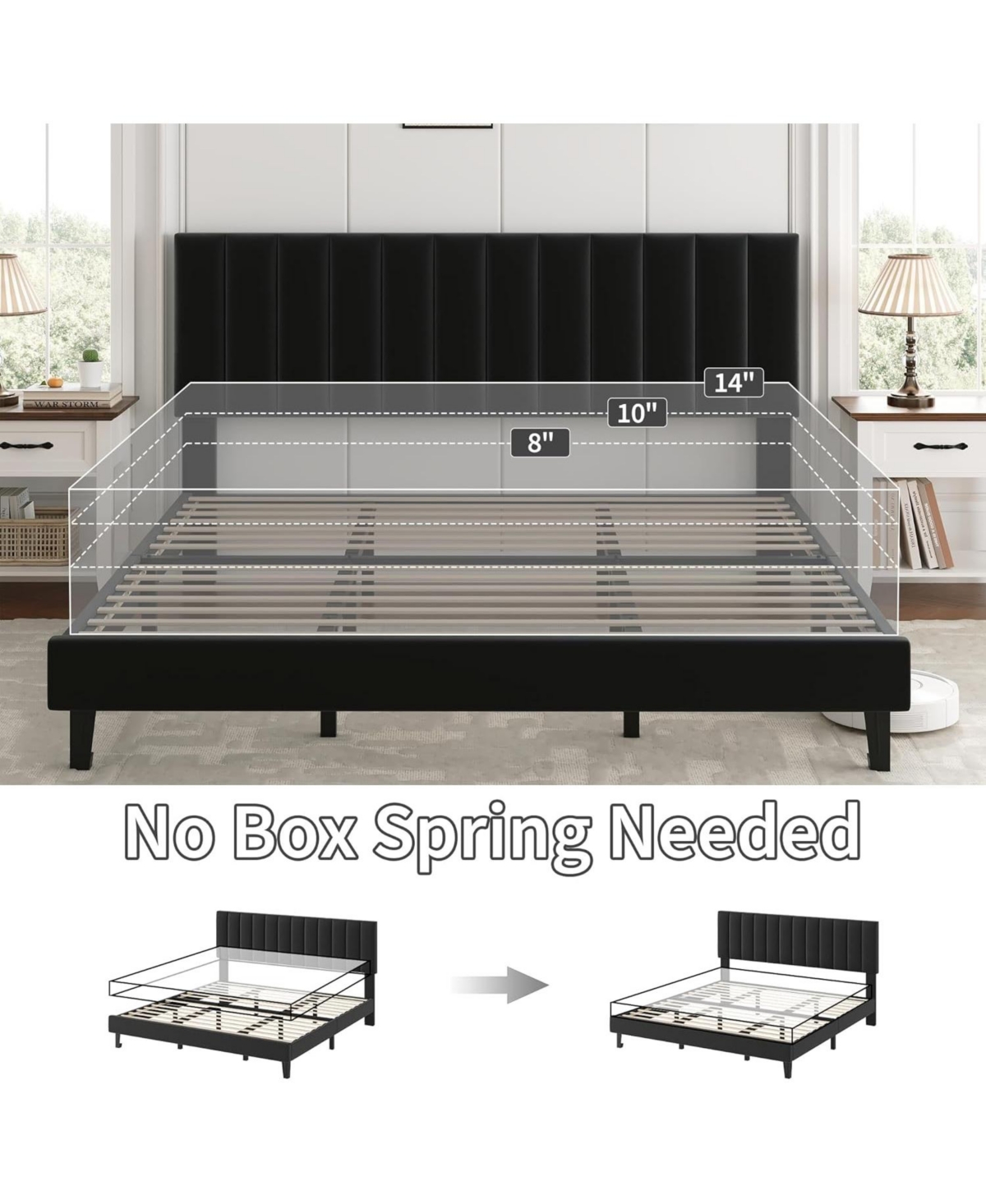 gaomon Upholstered Platform Bed Frame with Adjustable Vertical Tufted Headboard, Strong Wood Slats and Noise-Free Support