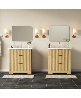 30 Inch Fluted Bathroom Vanity with Sink, Farmhouse Freestanding Cabinet with 2 Drawers and Flip Down Storage, Easy Assembly