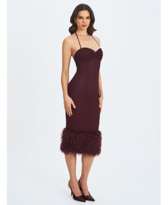 Women's Pluma Maroon Halter Faux-Fur Trimmed Midi Dress