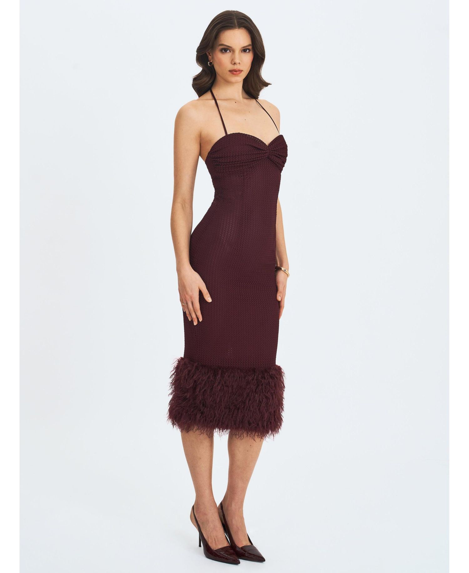 Women's Pluma Maroon Halter Faux-Fur Trimmed Midi Dress