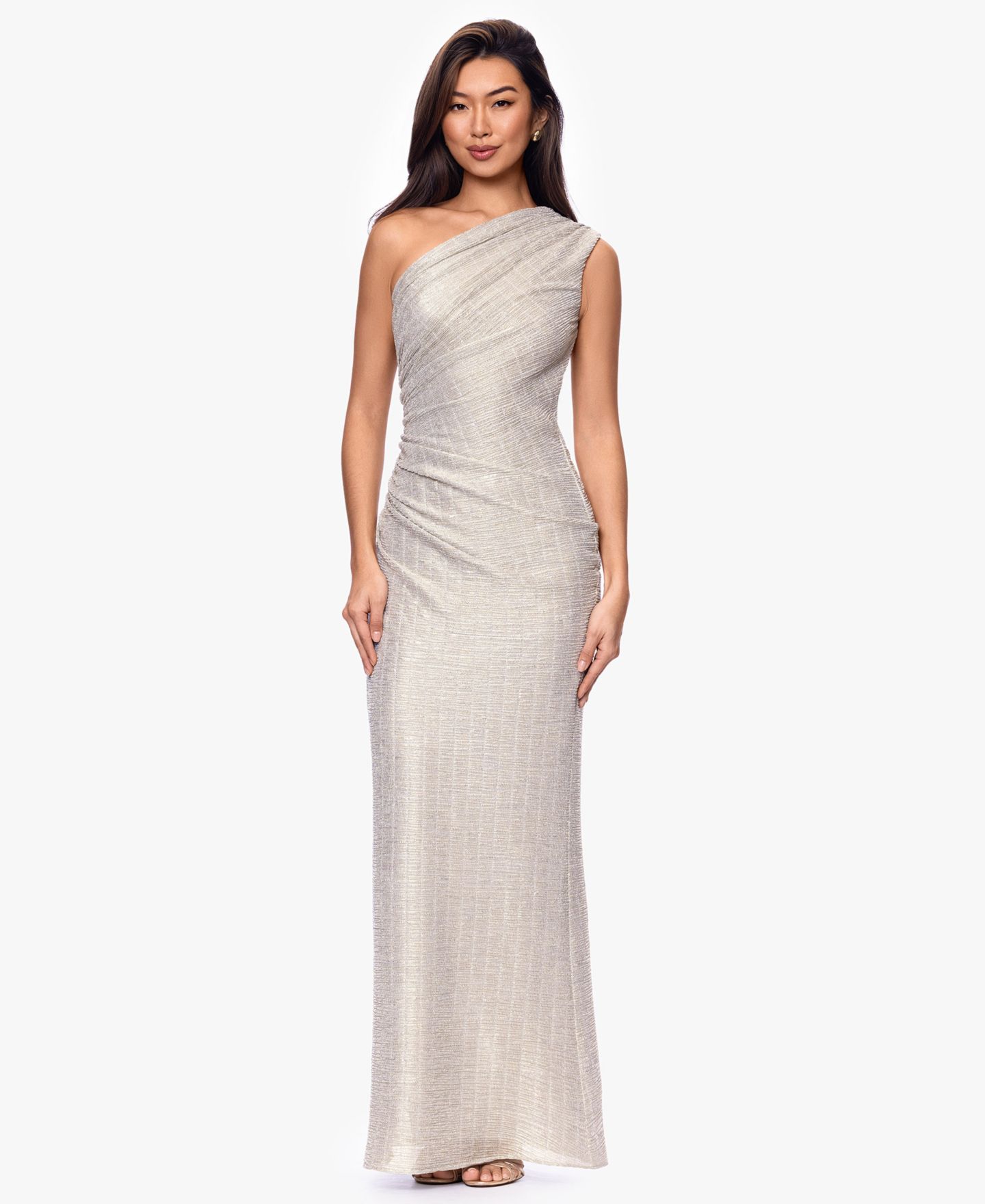Женское платье Betsy & Adam Metallic Crinkle Ball Gown, цвет: Серебряный / Золотой — фото 1