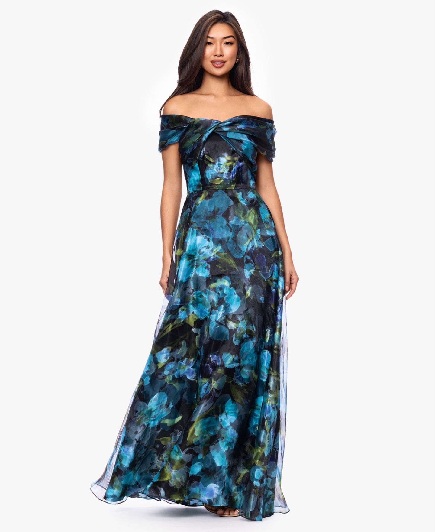Женское платье Betsy & Adam Off-The-Shoulder Printed Ball Gown, цвет: Чёрный бирюзовый — фото 1