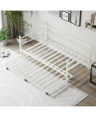 Heavy Duty Metal Twin Daybed with Pull Out Trundle, Modern Bed Frame with Headboard, Sturdy Steel Slats, No Box Spring Needed