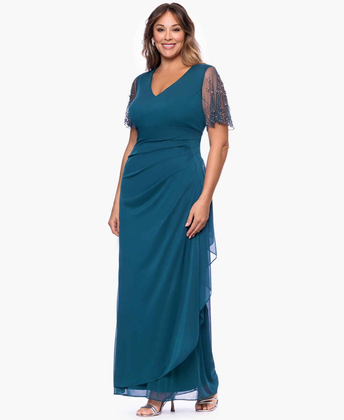 Xscape Plus Lace-Sleeve Dress