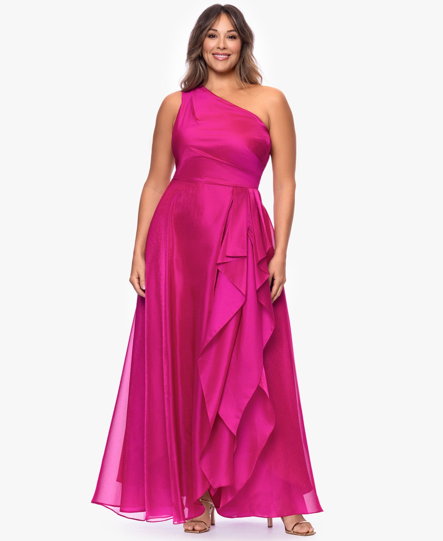 Женское платье XSCAPE Metallic Draped One-Shoulder Gown, цвет: Пурпурный — фото 2