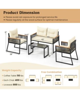 Set Of 4 Patio Furniture Set w/Tempered Glass Coffee Table PE Wicker Rattan Chairs