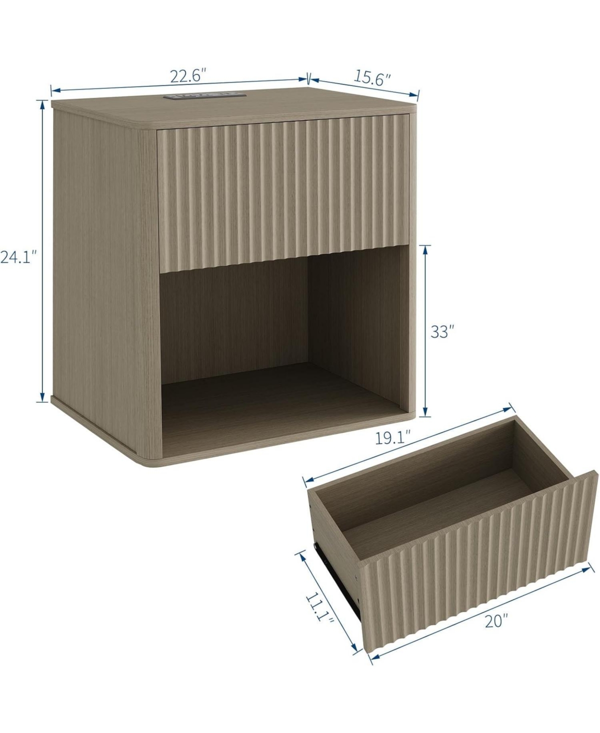 gaomon Fluted Nightstands Set 2, Side Tables with Charging Station & Led Light, Modern Mid Century End Table with Drawer