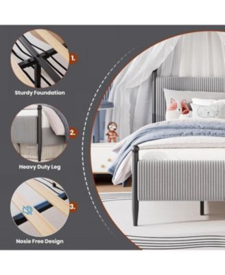 Twin Upholstered Bed Frame with Velvet Headboard, Corduroy Platform, No Box Spring