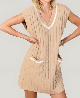 Women's Cable Knit Sleeveless V-Neck Contrast Stripe Mini Dress