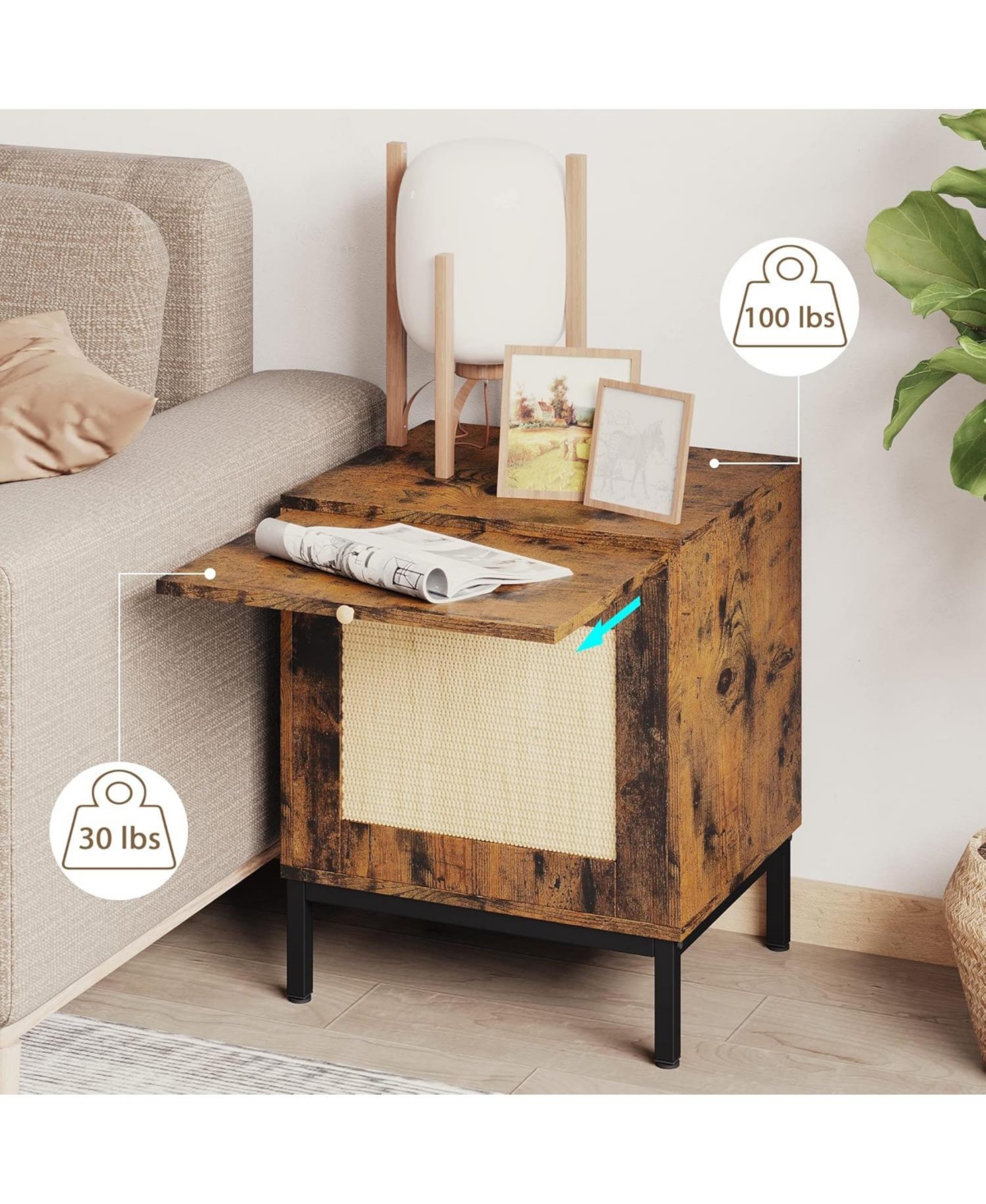 gaomon Rattan Nightstand - 188" End Table with Rattan Door Accent End Table with Storage and Metal Legs Wood Side Table for Bedroom Living