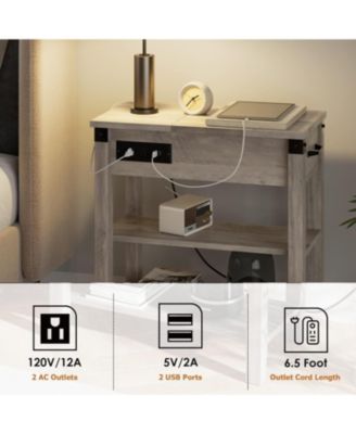 End Table with USB Ports and Outlets, Flip Top Side Table Narrow Bedside Table with Drawer and Storage Shelves for Living Room