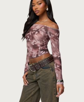 Women's Off Shoulder Printed Sheer Mesh Top