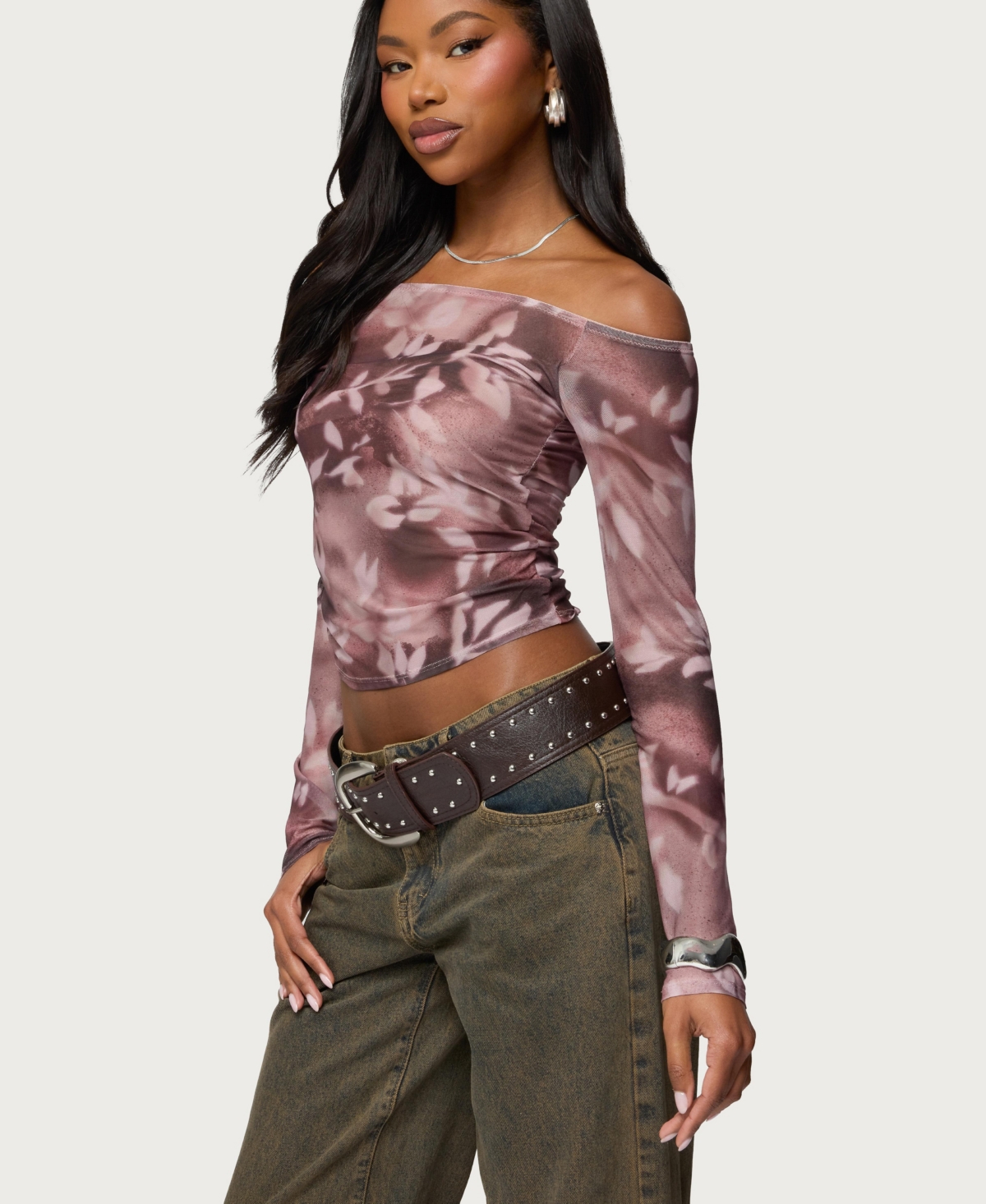 Edikted Women's Off Shoulder Printed Sheer Mesh Top