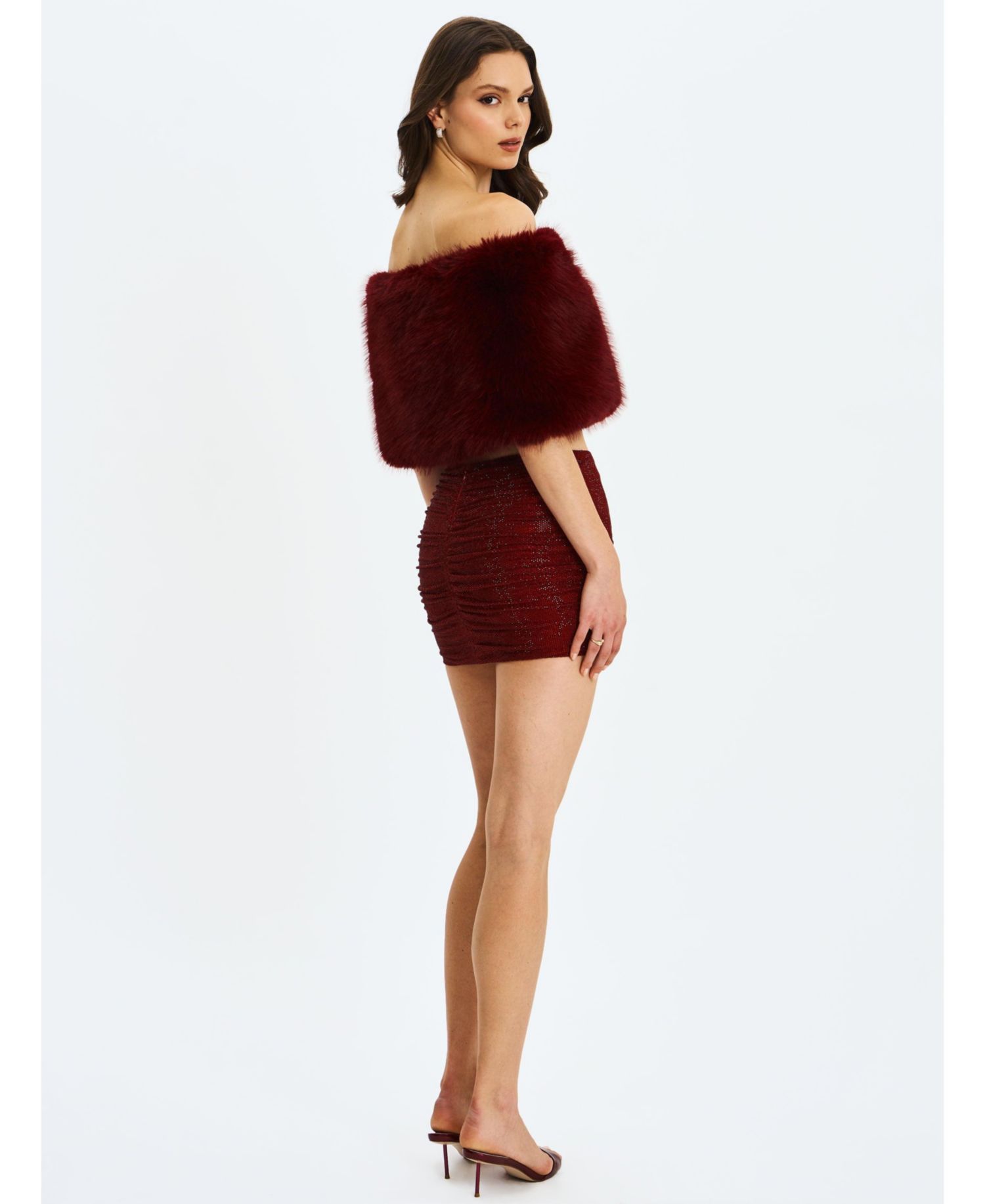 Women's Darleen Crimson Rhinestone Mesh Low Waist Ruched Skirt