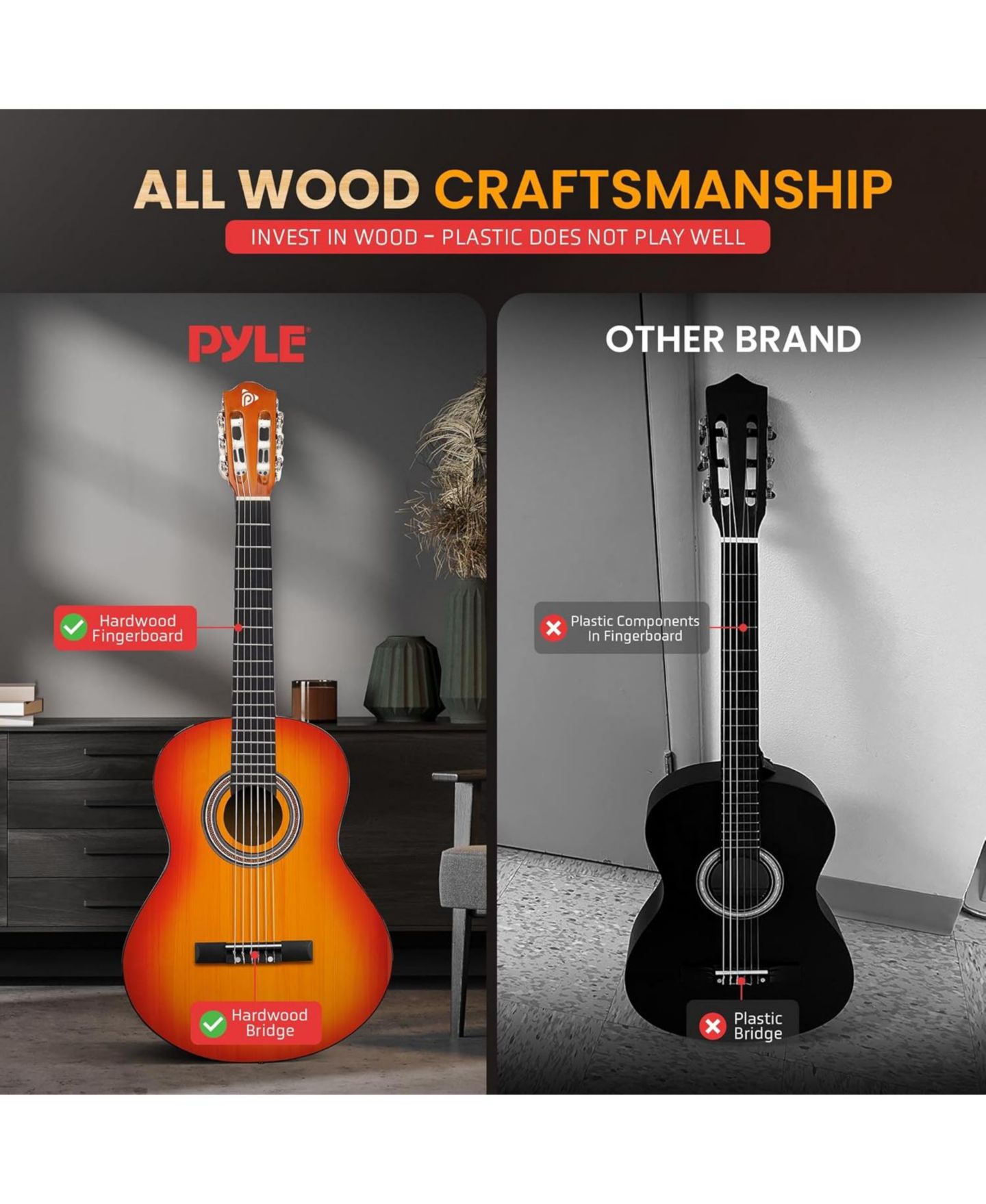 Детские игрушки Pyle Beginner All-Wood Acoustic Guitar Kit With Tuner App & Lessons, 6-Piece, Ages 7+, цвет: Тёмный коричневый — фото 4