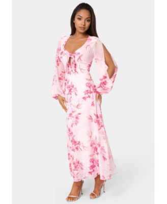 Women's Printed Chiffon Tie Front Maxi Dress