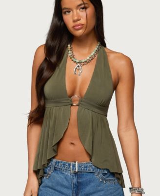 Women's Asymmetric Fringe Sheer Lace Halter Top