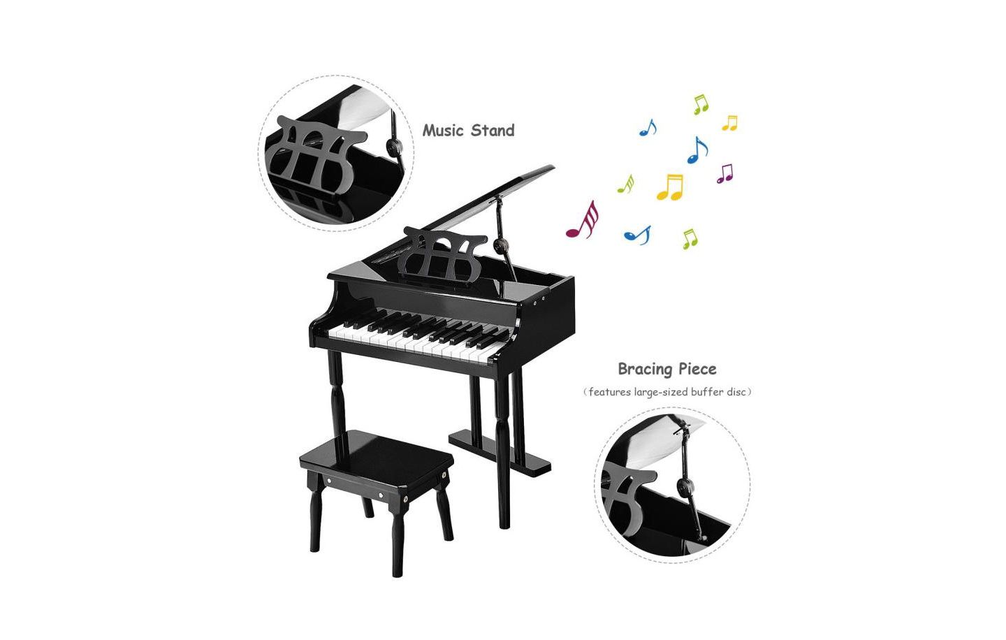 Детские игрушки Slickblue Kids' 30-Key Piano Keyboard with Bench, Piano Lid and Music Stand, 4-Piece Set, Ages 3+, цвет: Чёрный — фото 4
