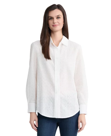 Petite Long-Sleeve Button-Front Collared Shirt - Natrual White