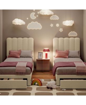 2 Sets Twin Bed Frame with Under-Bed Drawer, Upholstered Platform Bed with Wave Headboard Wooden Slats