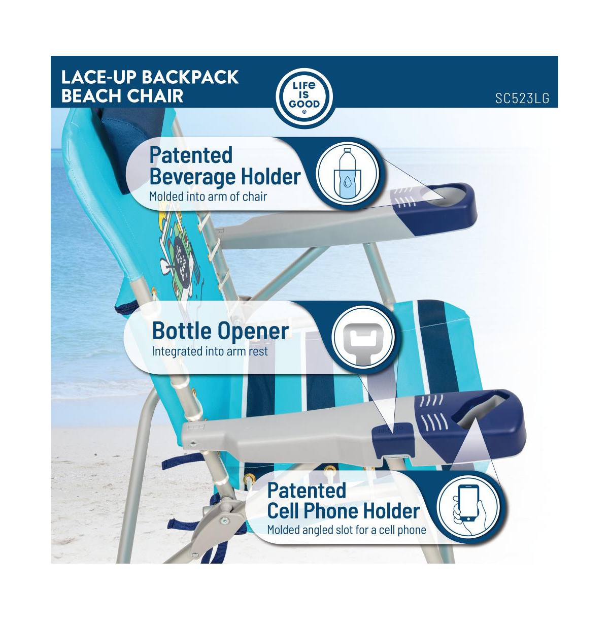 Life Is Good 4-Position Backpack Pillow And Cup Holder Beach Chair