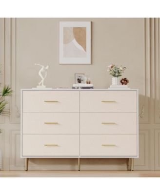 6 Drawer Dresser, Modern White Chest of Drawers with Gold Metal Legs and Handles, Large Double Wooden Dresser for Bedroom