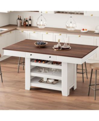 60" Counter Height Dining Table for 4, Farmhouse Rectangular Tall Bar Height Kitchen Dining Table & Thick Table Top, with Deepened Wine Rack