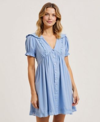 Women's Button-Front Lace-Trim Puff-Sleeve Mini Dress