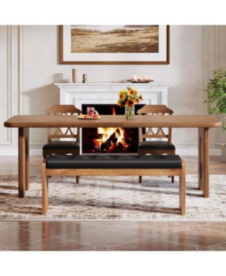Solid Wood Dining Bench, Modern Kitchen Table Bench with Button-Tufted Leather Pad and Wooden Legs