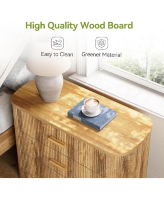 Oversized Nightstand with 3 Drawers, Mid Century Modern Large Wide Bedside Table for Bedroom, Big Night Stand with Fluted Striped Panel